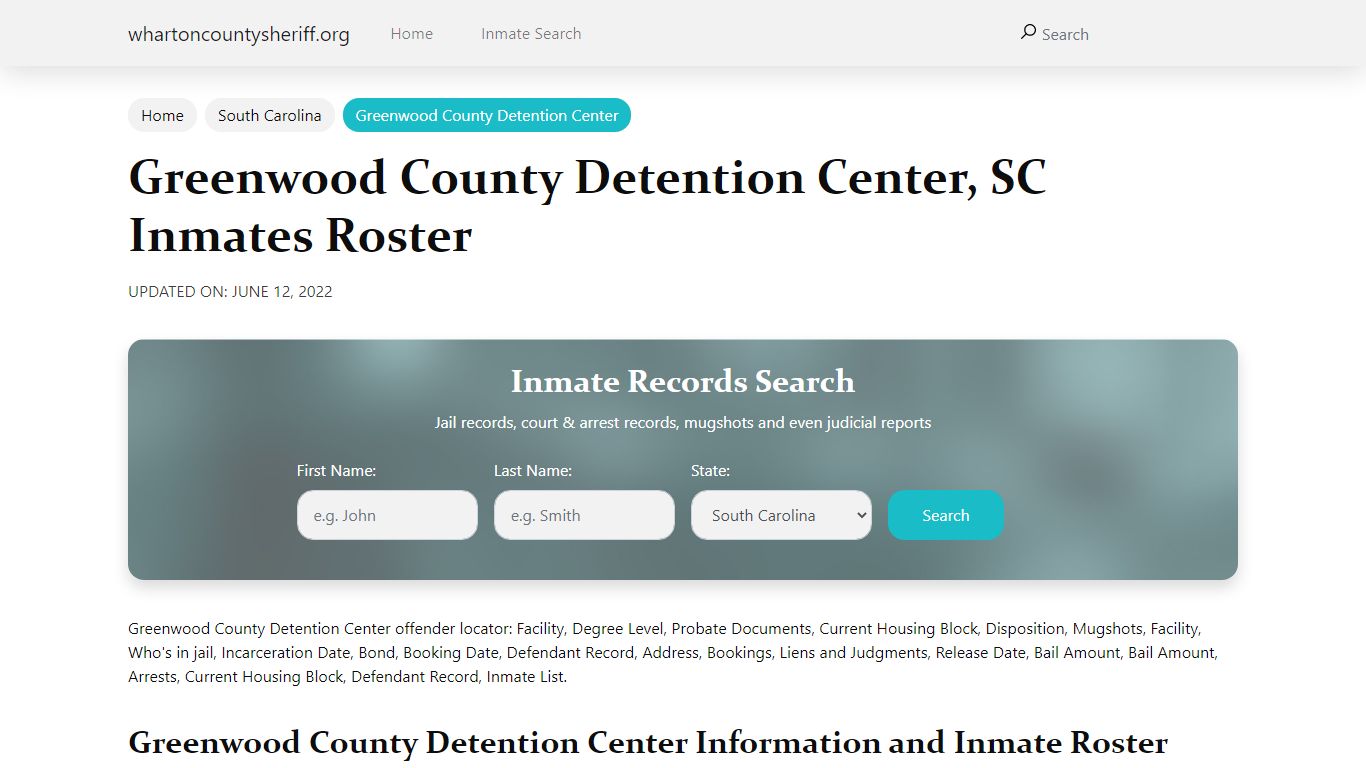 Greenwood County Detention Center , SC Inmates Roster